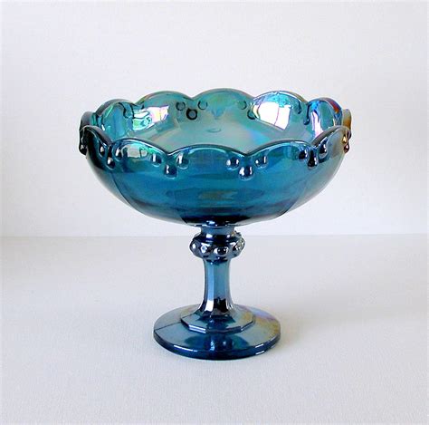 Vintage Blue Carnival Glass Pedestal Bowlcompote Teardrop