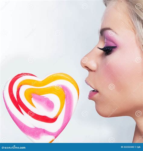 Attractive Sweet Girl Blonde Licks Lollipop Stock Image Image Of