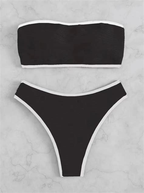 Sexy Bandeau High Waist Bikini Women Triangle Swimsuit Stitch Detail Swimwear Padded