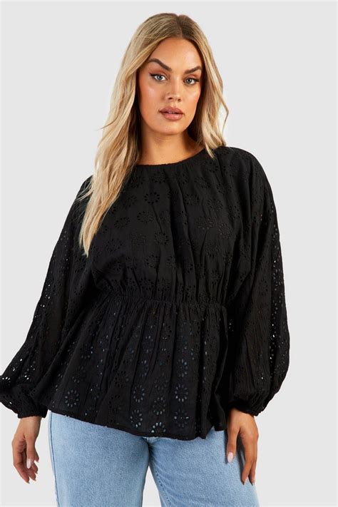 Plus Eyelet Long Sleeve Smock Top Boohoo