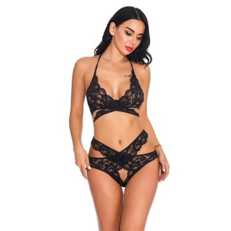 Sexy Femme Ensemble Lingerie Jarretière avec Porte Jarretelles Dentelle Soutien Gorge et Culotte