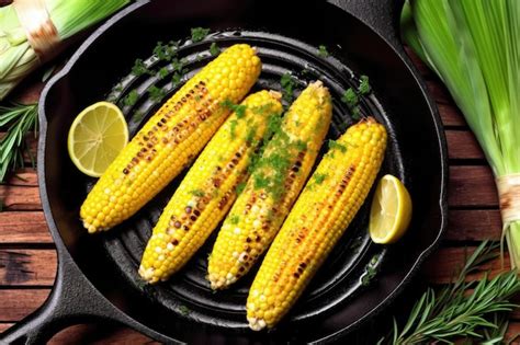 Premium Ai Image Top View Of Grilled Corn On The Cob In A Cast Iron