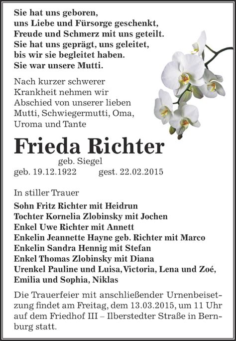 Traueranzeigen Von Frieda Richter Abschied Nehmen De