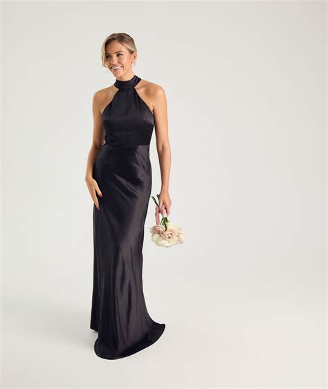 Halter Neck Satin Bridesmaid Dress Black Six Stories