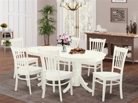 VAGR7 LWH W 7 Pc Dining Room Set Table With Leaf And 6 Wood Seat Dining