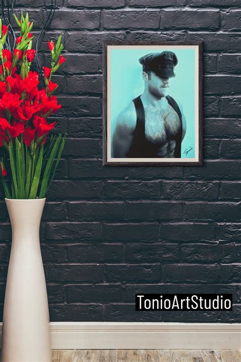 Hot Leather Cub With Aqua Background Male Digital Art Original Male Figure Drawing