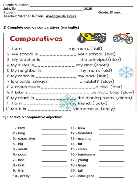 Exercicios De Comparativo Em Ingles Com Gabarito 8 Ano - Exercícios de Comparativos em Inglês 8º Ano | PDF