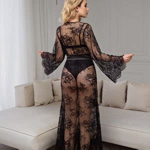 Black Lace Robe Long Wedding Robe Boudoir Robe Lace Kimono Boudoir Lingerie Sexy Robe