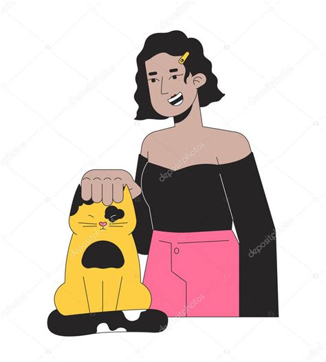 Chica latina acariciando gatito doméstico 2D personaje de dibujos animados lineales Hispana