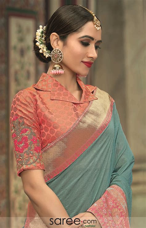 Peach Jacquard Silk Collared Neck Blouse Design Blouse Designs High