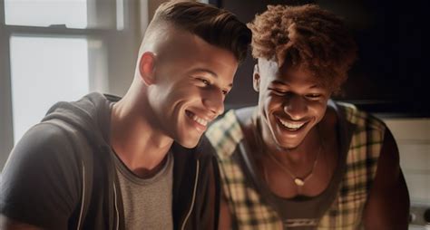 Feliz Y Sexy Pareja Gay Joven Cocinando Comida Juntos En Casa Foto Premium