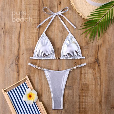 Silver Metallic Shiny 2 Piece Bikini Set Gifts For Her Sexy Silver Plunge Swimsuit Silver