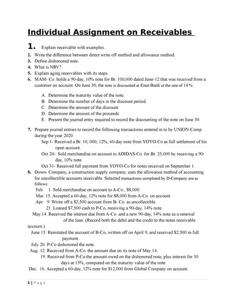 Chapter One Assignment On Receivables Individual Assignment On Receivables 1 2 3 4 5 6