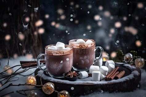 Hot Chocolate And Cocoa With Marshmallows Floating On Top In Wintry Setting Stock Illustration