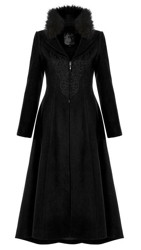 Long manteau noir femme broderies laçage et fausse fourrure gothique