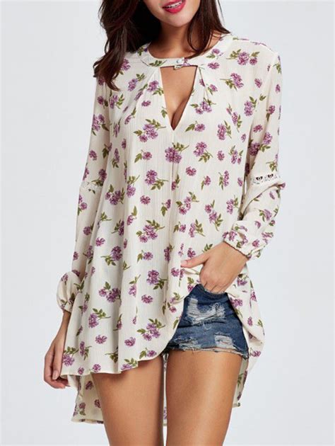 [25 Off] Keyhole Floral Bohemian Tunic Dress Rosegal