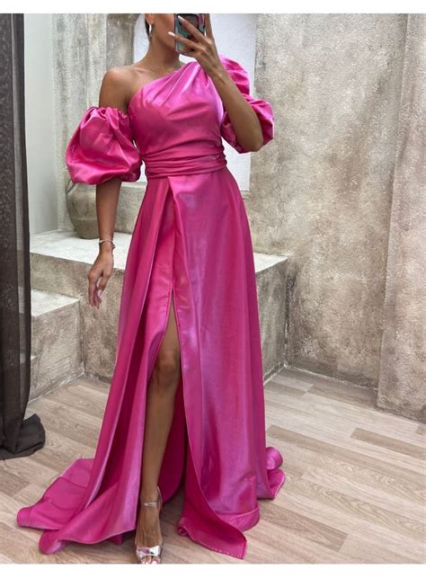 Long Satin Party Dress With Balloon Sleeves Invitadisima