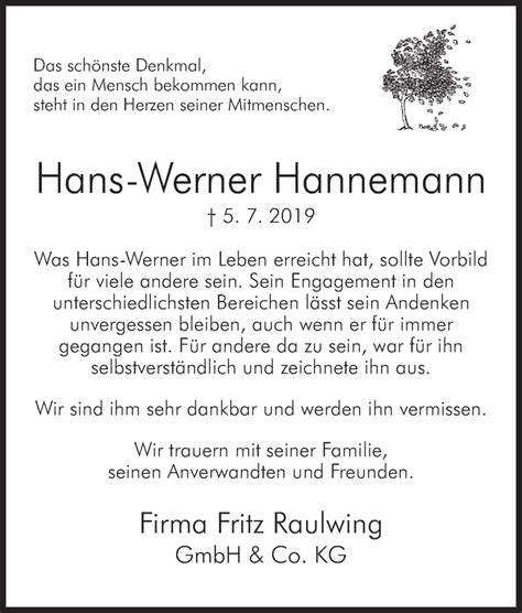 Traueranzeigen Von Hans Werner Hannemann Trauer MT De