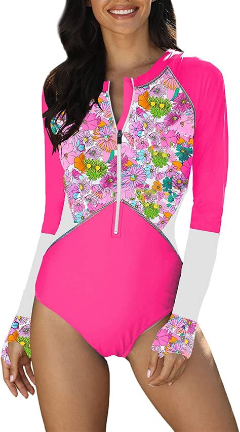 Rosfancy Womens Front Zipper One Piece Swimsuit Long Sleeve Rash Guard