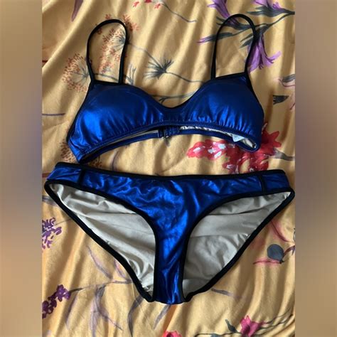 J Crew Swim J Crew French Bikini Set Shiny Blue And Black Top And Bottom Swimsuit Poshmark