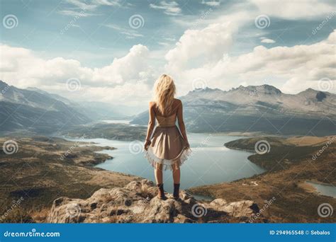 A Blonde Woman In White Standing On A Cliff Overlooks A Serene