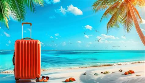 Hot Summer Day Travel Suitcase Sunglasses Palm Tree On Tropical Beach