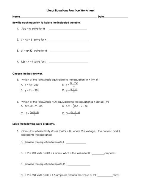 Literal equations practice worksheet: Fill out & sign online | DocHub
