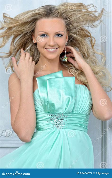 Beautiful Blonde Woman In A Blue Dress Stock Image Image