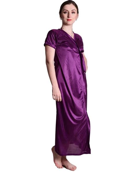 Women S Purple Satin Nightwear 2 Pc Set Of Nighty Wrap Gown Nighty