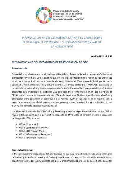 V Foro De Los PaÍses De AmÉrica Latina Y El Caribe Sobre El Desarrollo