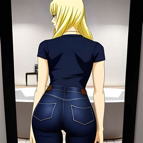 Cartoon Anime Blonde Girl Back View Tight Dark Blue Jeans Bathroom Detailed Arthub Ai