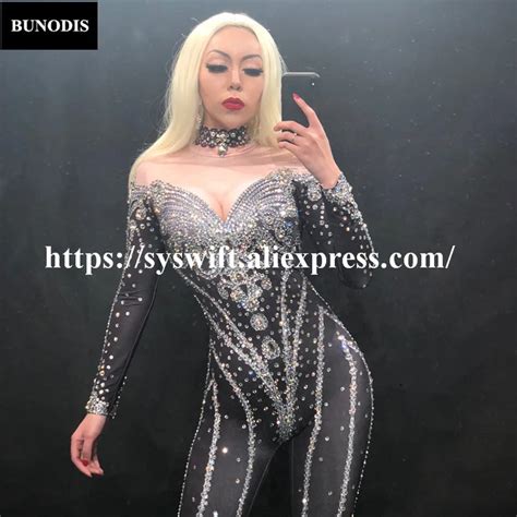 Bu162 Big Glass Diamond Full Of Sparkling Crystals Black Women Jumpsuit Nightclub Birthday Party