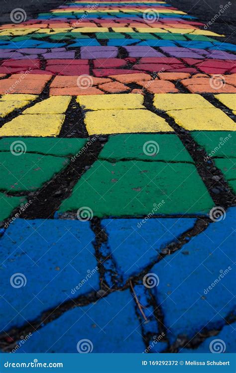 Gay Pride Rainbow Pathway Painted Onto Asphalt Stock Photo Image Of Colorful Lead 169292372