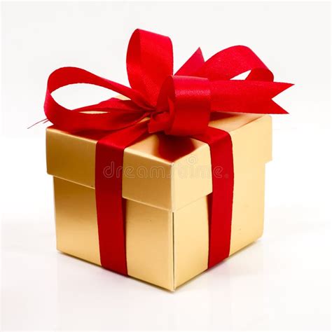 Beautiful Gold Present Box with Red Bow and Ribbons Stock Photo - Image ...