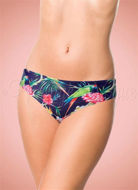 Belsira 50er Jahre Retro Bademode Bikini Höschen mit Tropical Print in Navy Vintage Vogue
