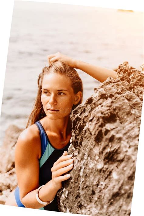 Woman Travel Summer Sea A Happy Tourist In A Blue Bikini Enjoying The Scenic View Of The Sea