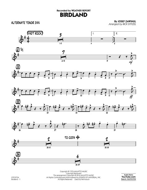 Birdland Alternate Tenor Sax By Rick Stitzel Sheet Music For Jazz