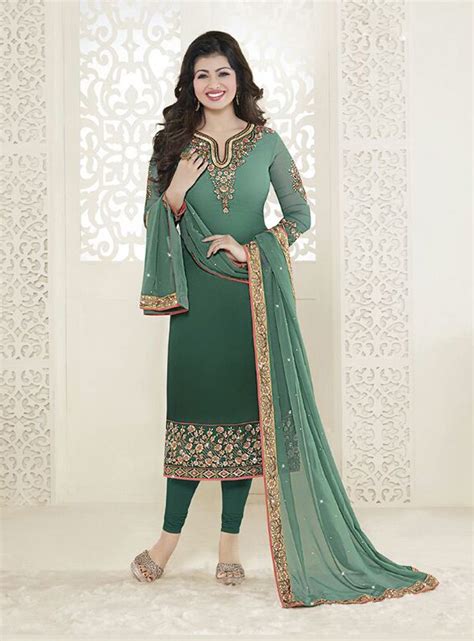 Ayesha Takia Green Faux Georgette Churidar Salwar Suit Heavy