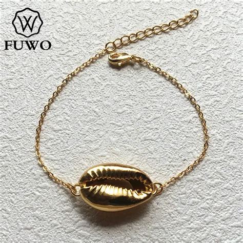 Fuwo Dainty Cowrie Sea Shell Bracelet With 24k Gold Dipped Brass