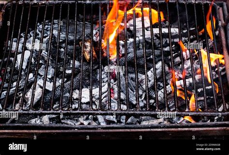 Empty Flaming Charcoal Grill With Open Fire Stock Photo Alamy