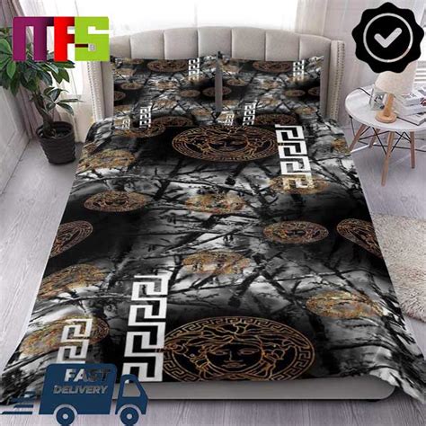 Versace Dark Forest Gold Medusa Logo Home Decor Bedding Set - Masteez