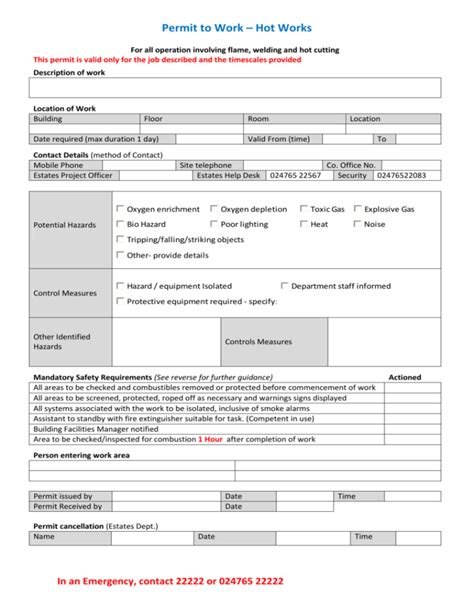 Hot Work Permit Template Pdf