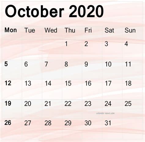 Cute October 2020 Calendar Wallpaper Template