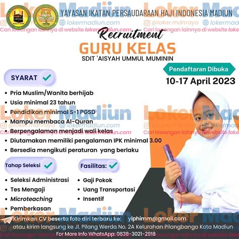 Lowongan Kerja Guru Kelas SDIT Aisyah Ummul Muminin Madiun