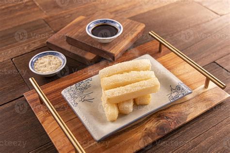 Brown Sugar Glutinous Rice Cake With Sauce Served Dish Isolated On