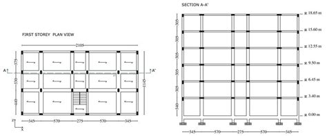case study building plan view  longitudinal sections