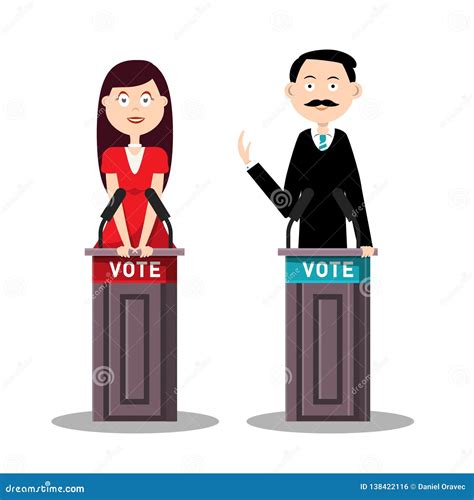 Man And Woman Candidates With Lecterns And Vote Symbols Vector Cartoon