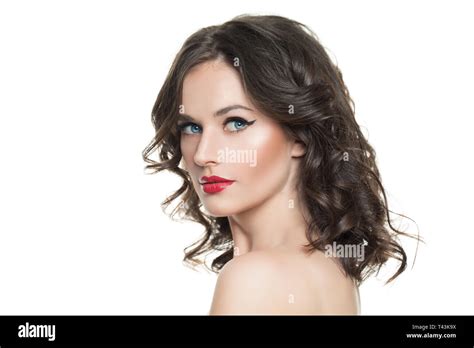 Beautiful Woman With Isolated Brunette Model With Makeup And Curly Hairstyle Isolated On White
