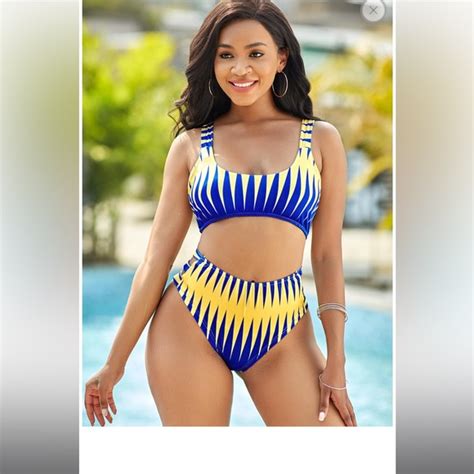 Rosewe Swim Geometric Print Cross Strap Ladder Cutout Bikini Set Poshmark