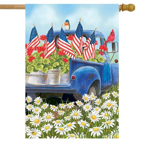 All American Truck Spring House Flag Patriotic Floral 28 X 40